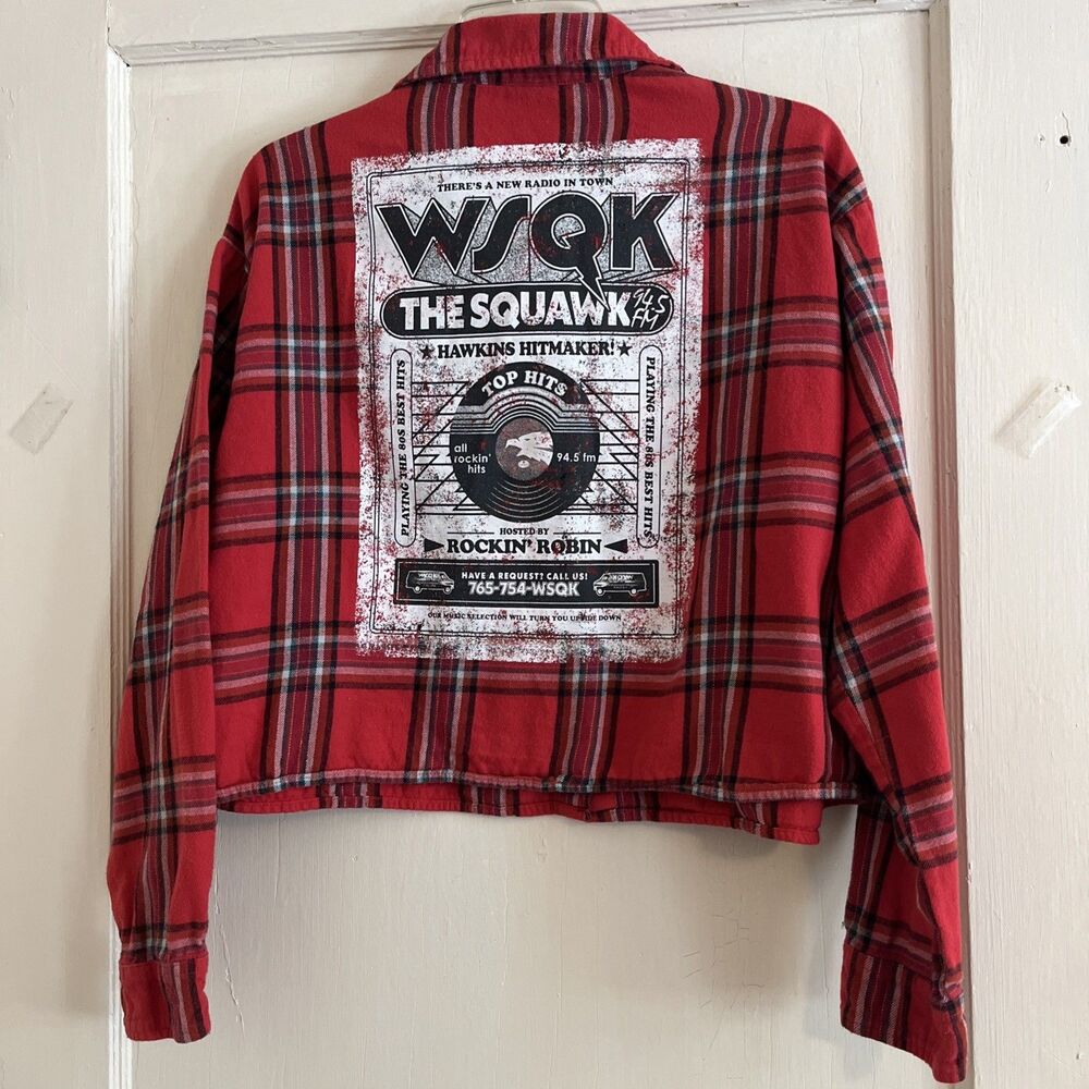 Netflix Stranger Things Shirt Womens L 12/14 Red Flannel WSQK Graphic Cropped LS